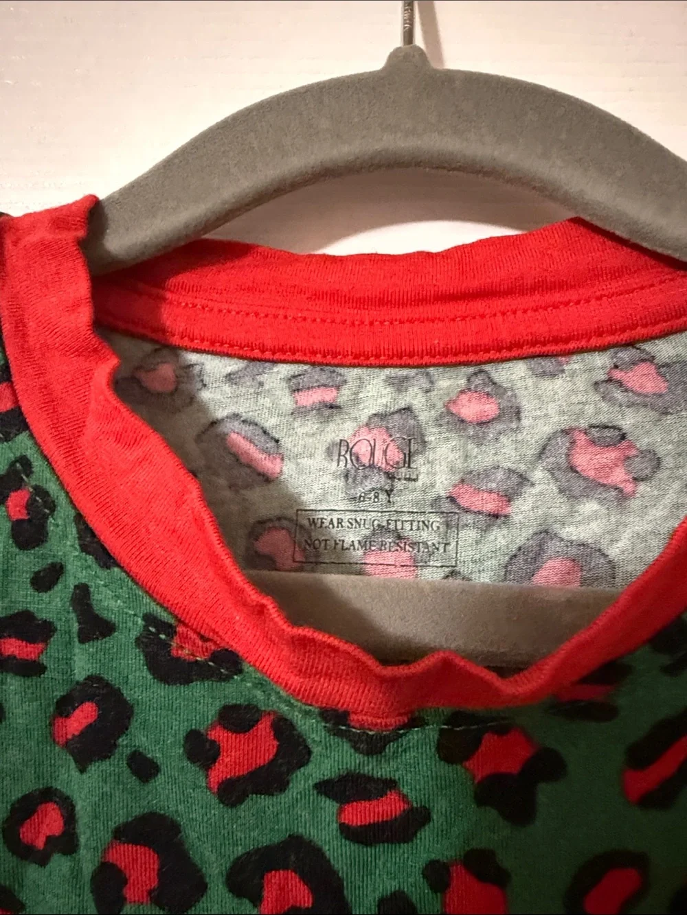Green & Red Leopard Print Kids Pajama Pants with Red Cuffs